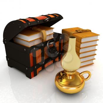 Leather Books in a Chest and kerosene lamp. 3d render