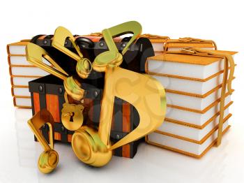 Chest with leather books around and music notes beside. Retro concept of best of the best musical education. 3d render