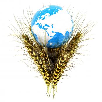 Golden metal ears of wheat and Earth. Symbol that depicts prosperity, wealth and abundance. 3d render