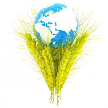 Yellow ears of wheat and Earth. Symbol that depicts prosperity, wealth and abundance. 3d render