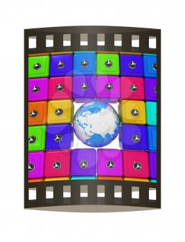 Earth and many safes. Global bancing online concept of money saving. 3d render. Film strip.