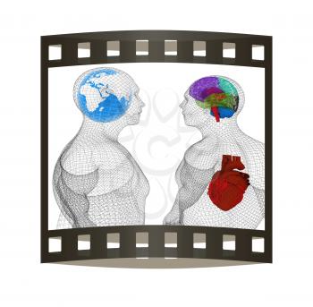 Wire human body model with heart and brain in x-ray. 3d render. Global medical concept with Earth. 3d render. Film strip.