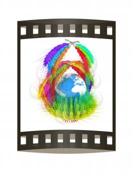 A colorful basket of wheat for Easter or Thanksgiving. Global concept with the earth ball inside. 3d render. Film strip.