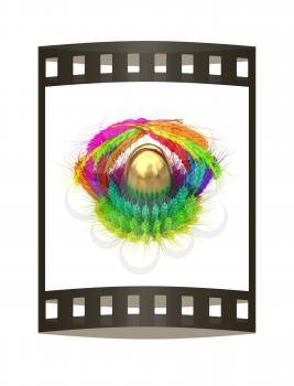 Colored basket of the ears of wheat with golden eggs. Traditional Easter attributes. 3d render. Film strip.