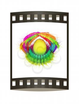 Colored basket of the ears of wheat with eggs. Traditional Easter attributes.  3d render. Film strip.