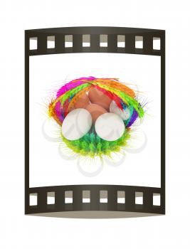 Colored basket of the ears of wheat with eggs. 3d render. Film strip.