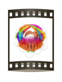 Colored basket of the ears of wheat with eggs. 3d render. Film strip.