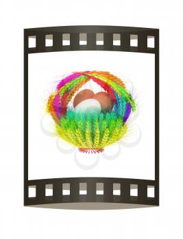 Colored basket of the ears of wheat with eggs. 3d render. Film strip.