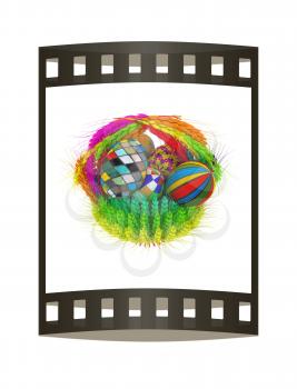 Colored basket of the ears of wheat with Easter eggs. 3d render. Film strip.