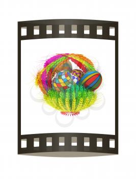 Colored basket of the ears of wheat with Easter eggs. 3d render. Film strip.