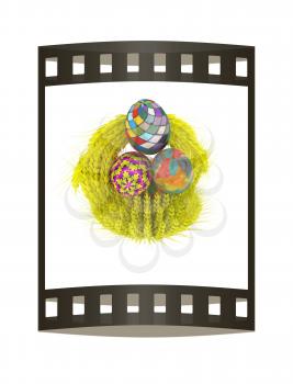 Colored basket of the ears of wheat with Easter eggs. 3d render. Film strip.