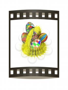 Colored basket of the ears of wheat with Easter eggs. 3d render. Film strip.