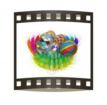 Colored basket of the ears of wheat with Easter eggs. 3d render. Film strip.