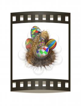 Basket of the golden ears of wheat with Easter eggs. 3d render. Film strip.