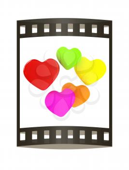 Colored hearts. 3d render. Film strip.