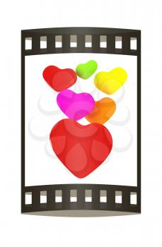 Colored hearts. 3d render. Film strip.