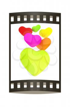 Colored hearts. 3d render. Film strip.