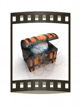 Earth in wood chest. Original global ecology concept of saved Earth. 3d illustration. Film strip.