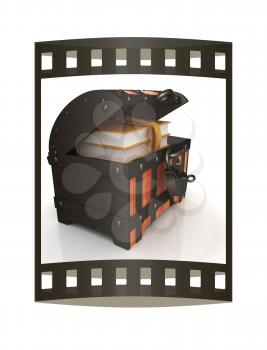 Leather Books in a Chest. 3d render. Film strip.