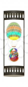 Hot Colored Air Balloon with a basket of multicolored wheat and Easter eggs inside. 3d render