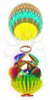 Hot Colored Air Balloon with a basket of multicolored wheat and Easter eggs inside. 3d render