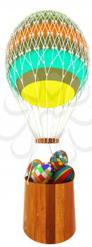 Hot Colored Air Balloon with a basket and Easter eggs inside. 3d render