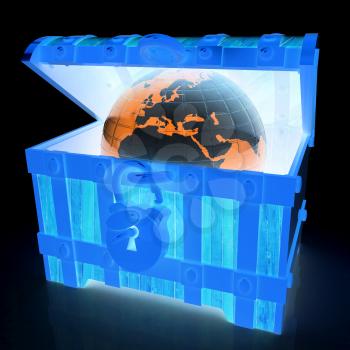 Earth in a chest. 3d illustration. On a black background.