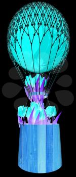 Hot Colored Air Balloon and tulips in a basket. 3d render. On a black background.