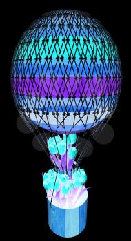 Hot Colored Air Balloon and tulips in a basket. 3d render. On a black background.