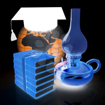 Leather books, Earth, kerosene lamp and graduation hat. 3d render. On a black background.