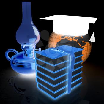 Leather books, Earth, kerosene lamp and graduation hat. 3d render. On a black background.