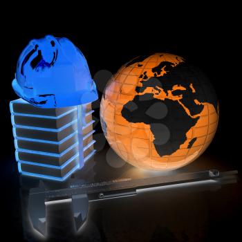 Earth in hard hat, calipers and books. 3d render. On a black background.