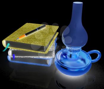 Notepads, pen and kerosene lamp. 3d render. On a black background.