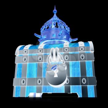 Crown and chest. 3d render. On a black background.