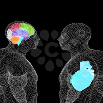 Wire human body model with heart and brain in x-ray. 3d render. On a black background.