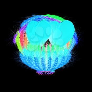 Heart in colored basket of the ears of wheat. Wedding concept. 3d render. On a black background.