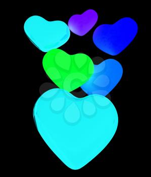 Colored hearts. 3d render. On a black background.