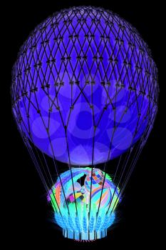 Hot Air Balloon with a basket of multicolored wheat and Easter eggs inside. 3d render. On a black background.