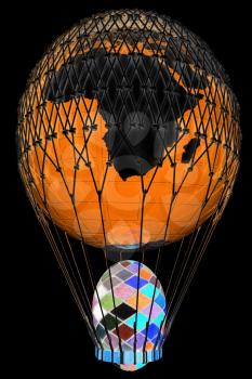 Hot Air Balloon of Earth with  Easter egg.  Global Easter concept. 3d render. On a black background.