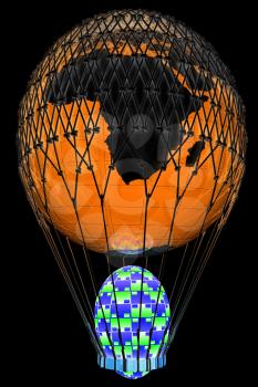 Hot Air Balloon of Earth with  Easter egg.  Global Easter concept. 3d render. On a black background.