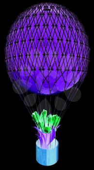 Hot Air Balloon and tulips in a basket. 3d render. On a black background.