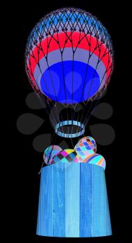 Hot Colored Air Balloon with a basket and Easter eggs inside. 3d render. On a black background.