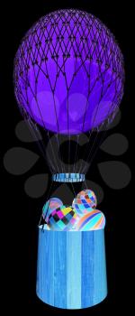 Hot Colored Air Balloon with a basket and Easter eggs inside. 3d render. On a black background.