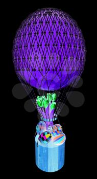 Hot Colored Air Balloon with a basket, Easter eggs inside and tulips. 3d render. On a black background.