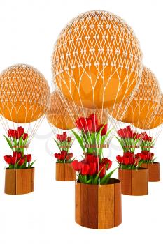 Hot Colored Air Balloons and tulips in a basket. 3d render