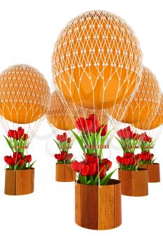 Hot Colored Air Balloons and tulips in a basket. 3d render