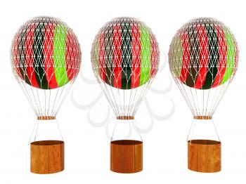 Set of Hot Colored Air Balloons and a basket. 3d render