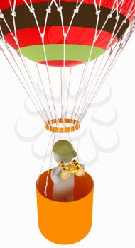 3d man with binoculars in hand on the air balloon. 3d render