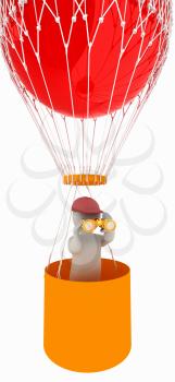 3d man with binoculars in hand on the air balloon. 3d render