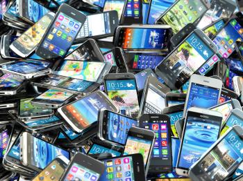 Mobile phones background. Pile of different modern smartphones. 3d